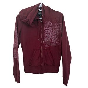 Y2K Lucky Brand Indie Granola Floral Whimsical Fairy Burgundy Hooded Full Zip S
